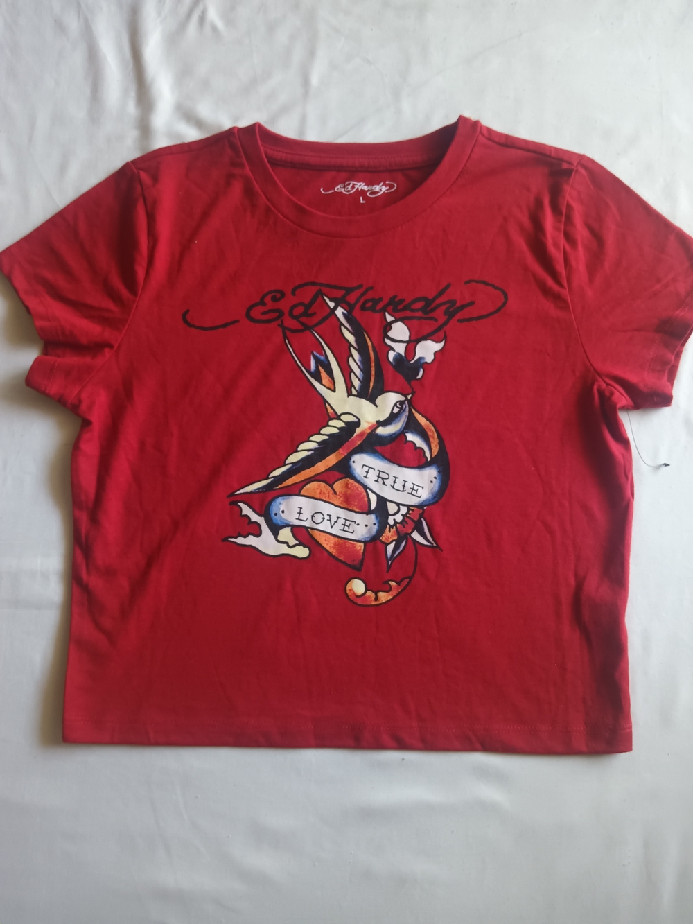 Ed Hardy Red Tee with Colorful Swallow & True Love Banner